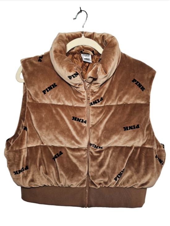 Victoria's Secret PINK Jackets & Blazers - Victoria's Secret PINK Velour Puffer Vest Crop Ribbed Caramel Brown Logo XL Y2K